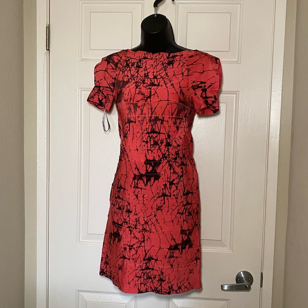 Coral Black Print Rare Herve Leger Mini Cutout Short Sleeve Bandage Dress M
